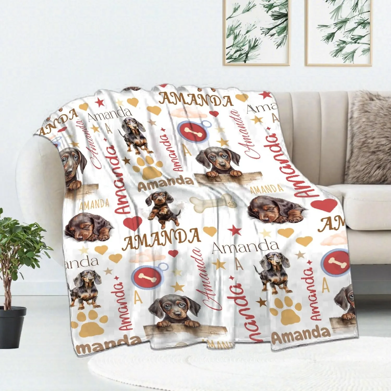 Personalized Dachshund Blanket with Name, Custom Name Wiener Dog Throw Blanket, Customized Dachshund Gift for Women, Personalization Fleece Flannel Bedding for Puppy Dog Lovers, 40x30InXS