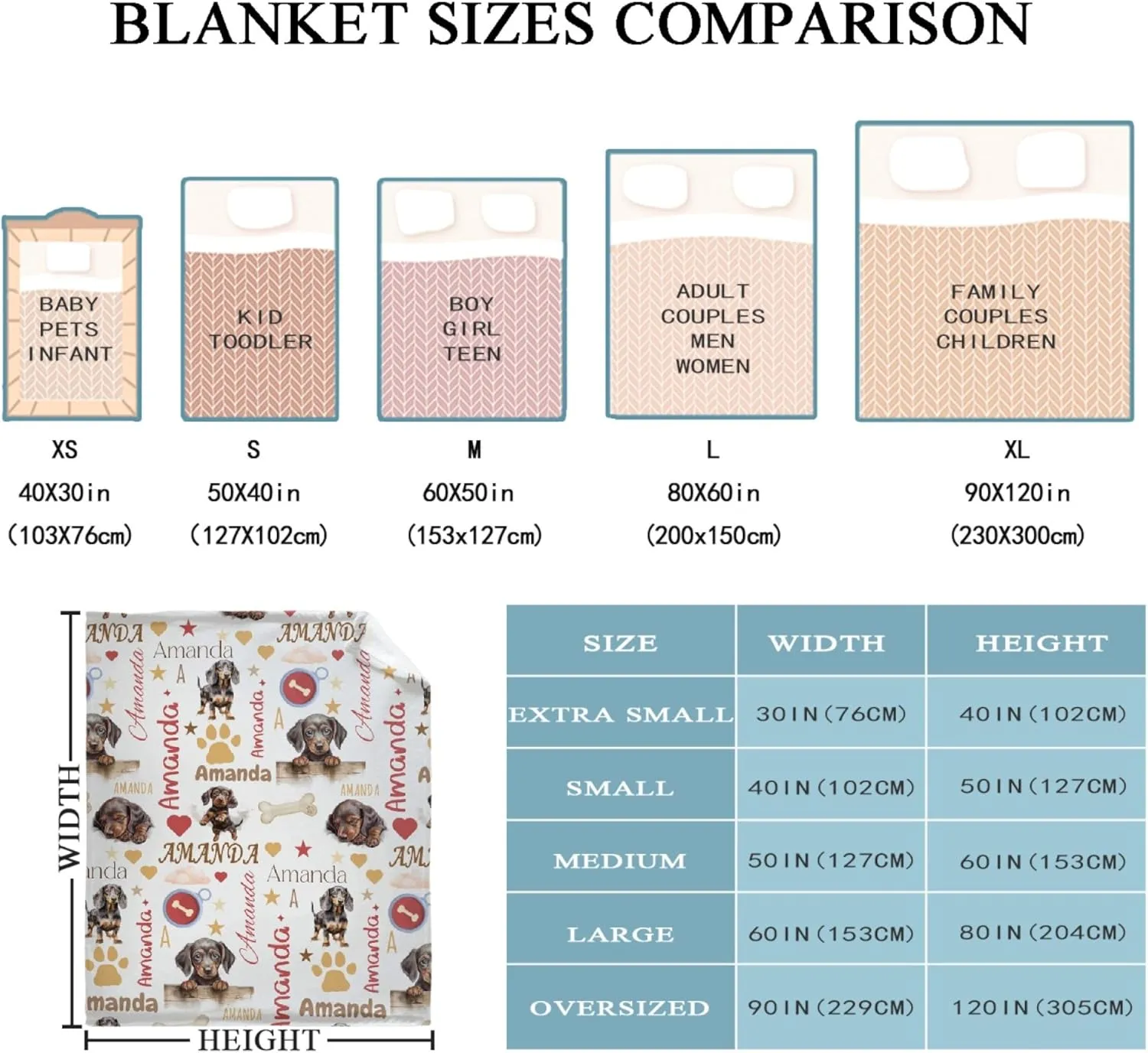 Personalized Dachshund Blanket with Name, Custom Name Wiener Dog Throw Blanket, Customized Dachshund Gift for Women, Personalization Fleece Flannel Bedding for Puppy Dog Lovers, 40x30InXS