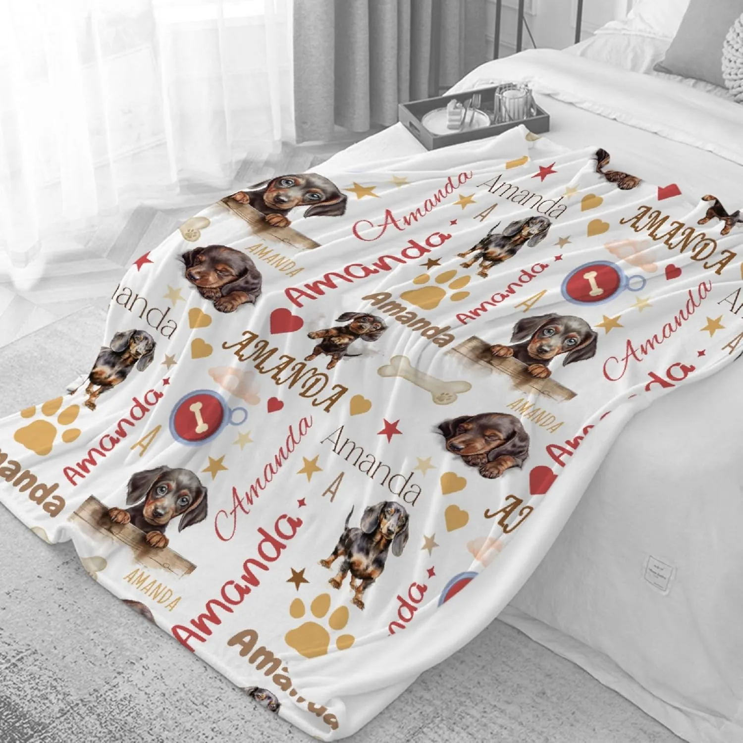 Personalized Dachshund Blanket with Name, Custom Name Wiener Dog Throw Blanket, Customized Dachshund Gift for Women, Personalization Fleece Flannel Bedding for Puppy Dog Lovers, 40x30InXS