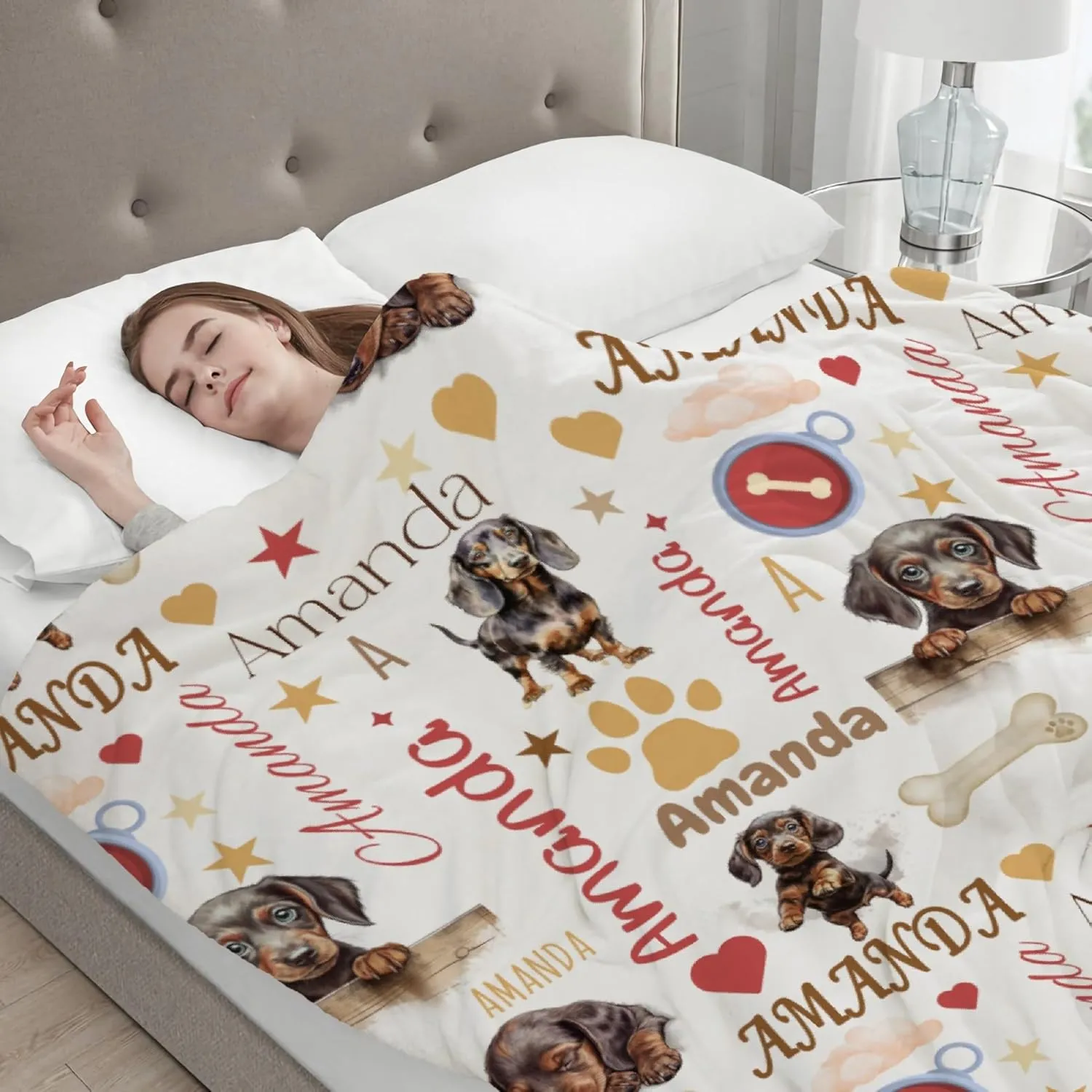 Personalized Dachshund Blanket with Name, Custom Name Wiener Dog Throw Blanket, Customized Dachshund Gift for Women, Personalization Fleece Flannel Bedding for Puppy Dog Lovers, 40x30InXS