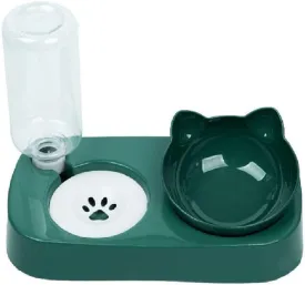 Pet Food and Water Set, Double Cat Dog Bowl with Automatic Gravity Water Dispenser, Tilted Raised Bowl for Small Medium Size Puppy Pet Dogs Cats (Green)