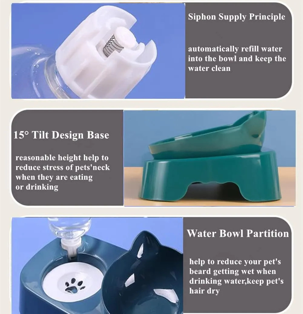 Pet Food and Water Set, Double Cat Dog Bowl with Automatic Gravity Water Dispenser, Tilted Raised Bowl for Small Medium Size Puppy Pet Dogs Cats (Green)