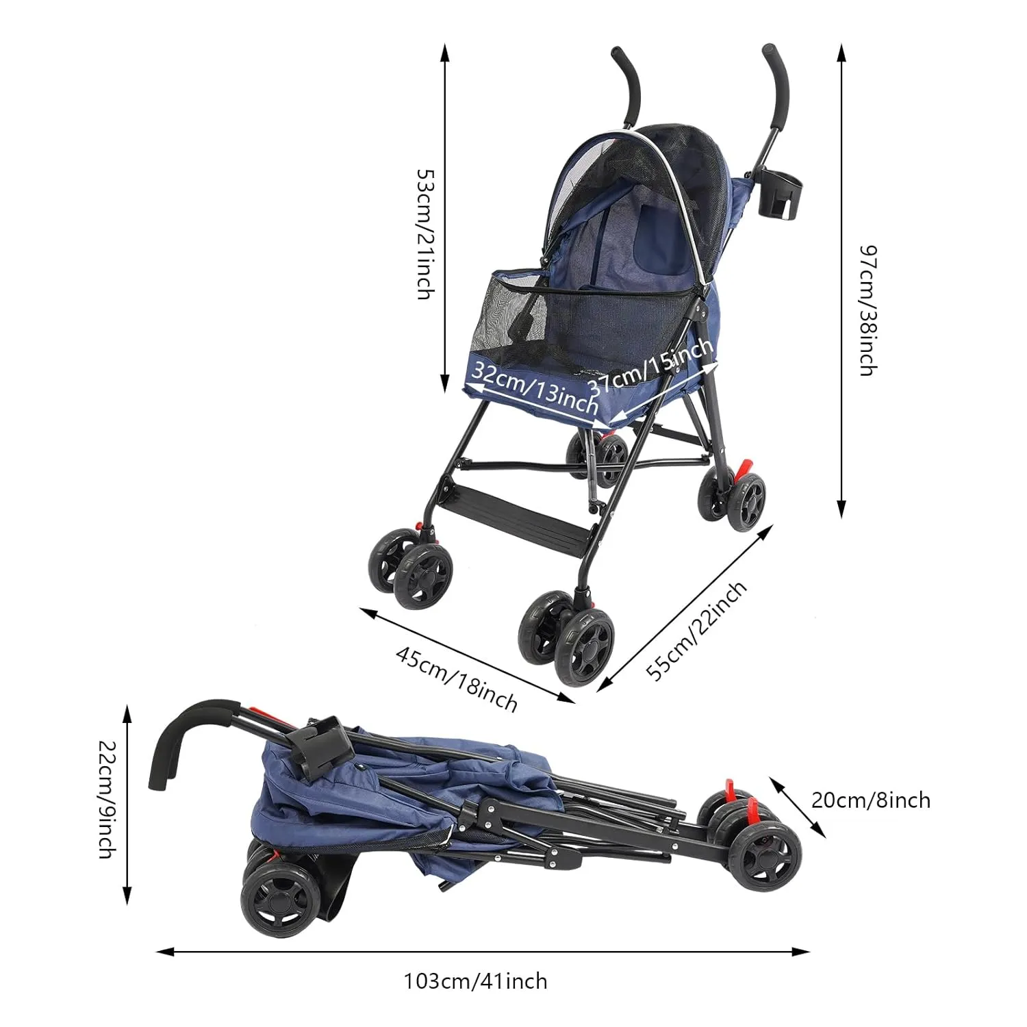 Pet Travel Stroller, Pet Stroller with 4 Wheels, Foldable Pet Travel Carrier, Large Wheels for Small & Medium-Sized Dogs Cats Up to 22 lbs, with Cup Holder & Rear Pocket, Easy Fold (Blue)