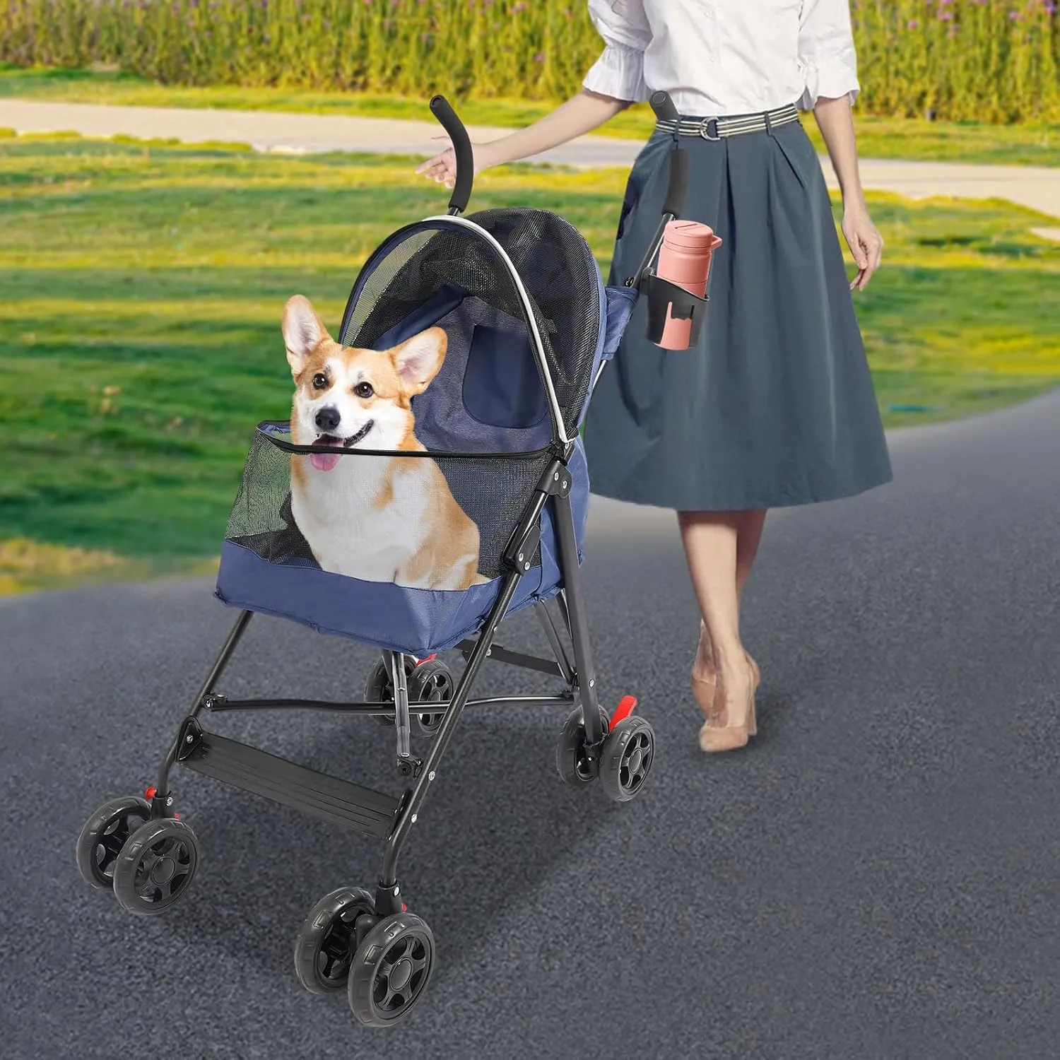 Pet Travel Stroller, Pet Stroller with 4 Wheels, Foldable Pet Travel Carrier, Large Wheels for Small & Medium-Sized Dogs Cats Up to 22 lbs, with Cup Holder & Rear Pocket, Easy Fold (Blue)