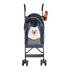 Pet Travel Stroller, Pet Stroller with 4 Wheels, Foldable Pet Travel Carrier, Large Wheels for Small & Medium-Sized Dogs Cats Up to 22 lbs, with Cup Holder & Rear Pocket, Easy Fold (Blue)