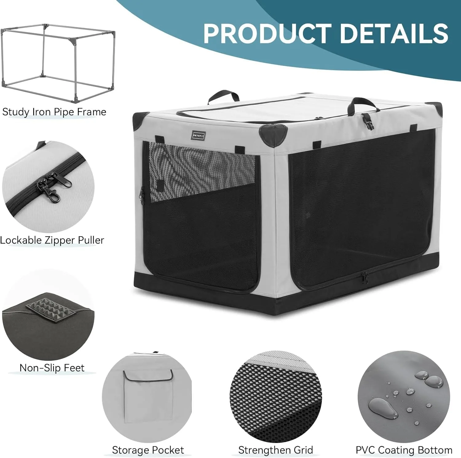 PETSFIT Portable Soft Collapsible Dog Crate Light Gray