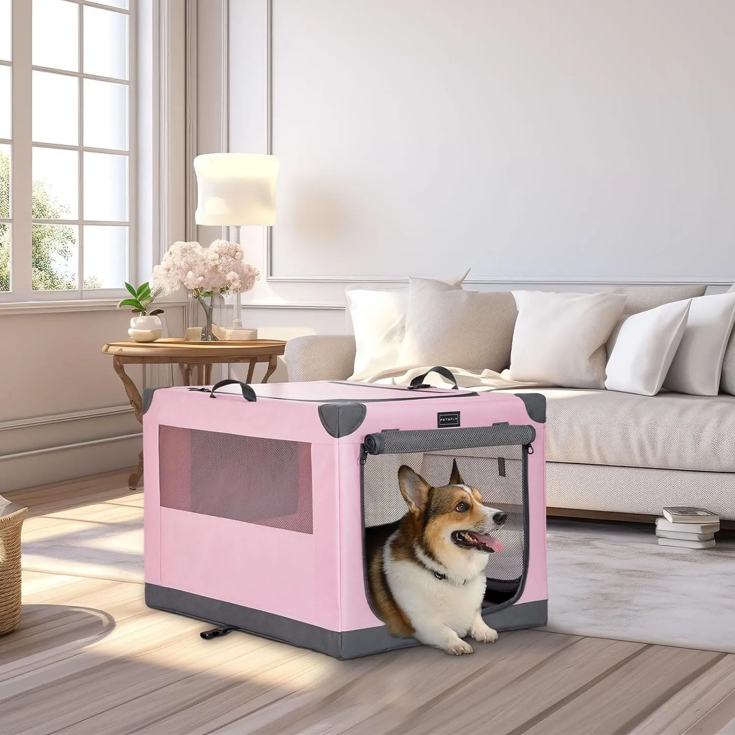 PETSFIT Portable Soft Collapsible Dog Crate Pink