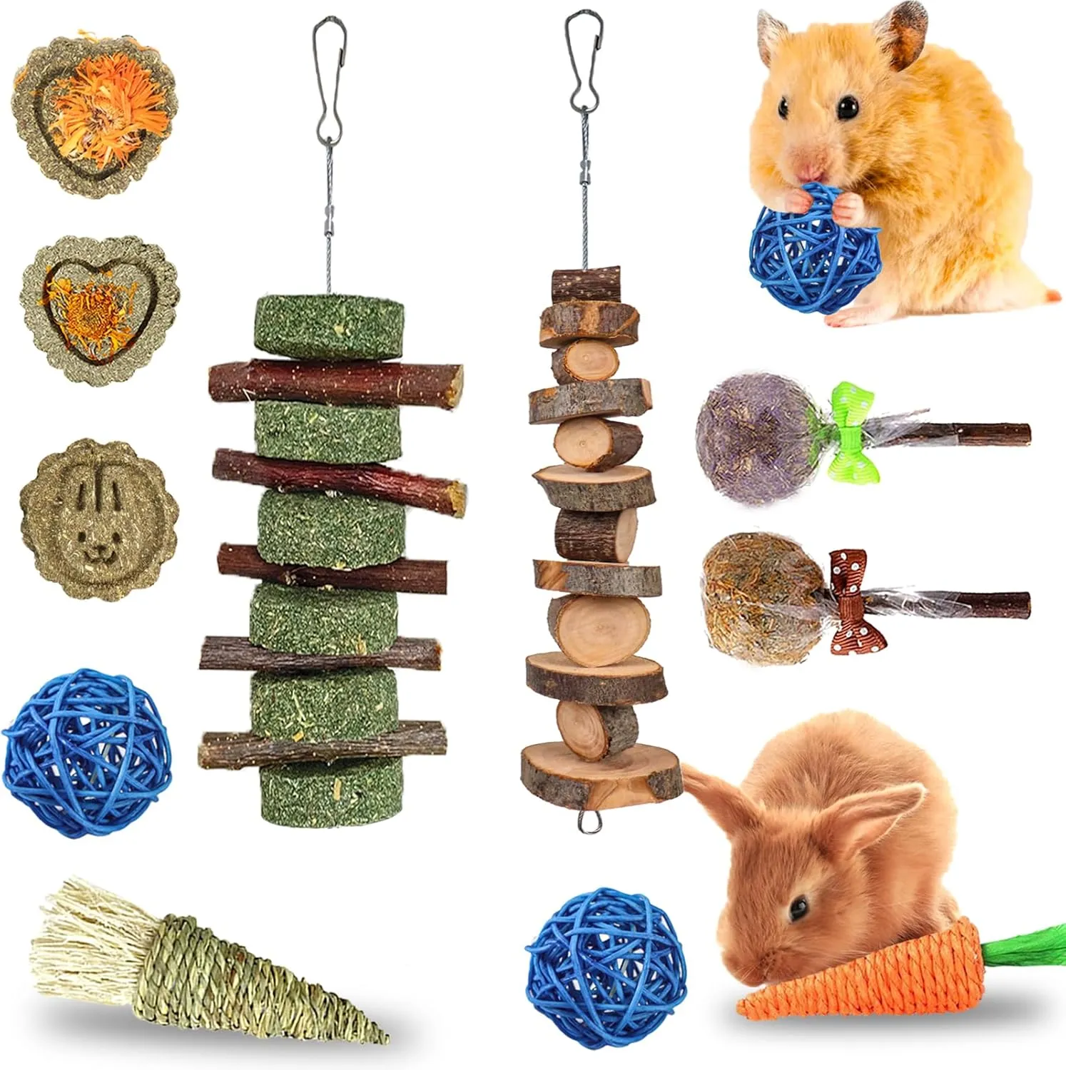 Rabbit Chew Toys for Teeth, Natural Wood Sticks Timothy Grass Chew Bunny Treat Toys for Rabbit Guinea Pig Hamster Chinchilla Gerbil