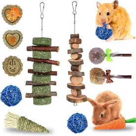 Rabbit Chew Toys for Teeth, Natural Wood Sticks Timothy Grass Chew Bunny Treat Toys for Rabbit Guinea Pig Hamster Chinchilla Gerbil