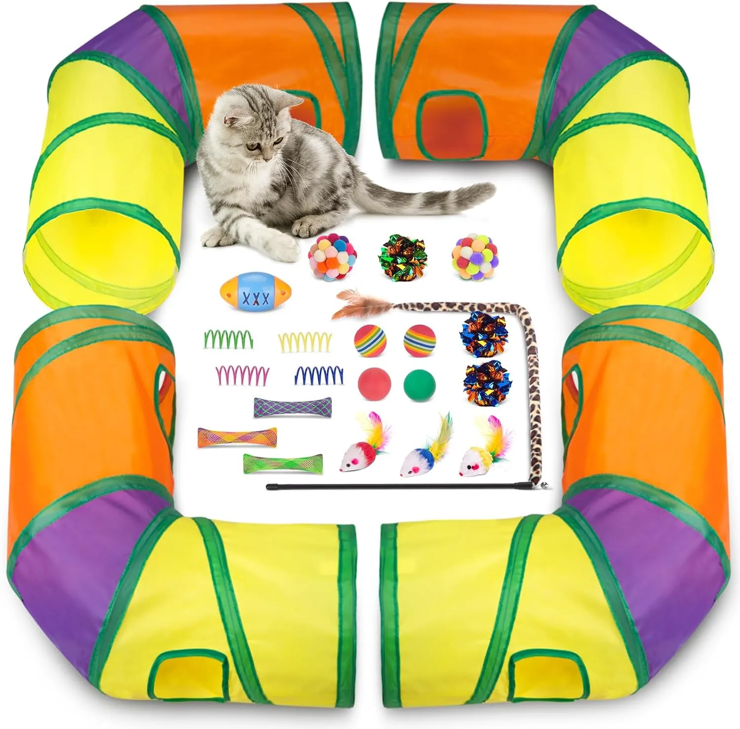 Retro Shaw Cat Tunnel with Toys Set, Interactive Kitten Toy for Indoor Cats Kitty,Kitten Tube Tent Feather Wand Teaser Bell Fuzzy Ball Springs Mouse (25 Pcs Extra Large cat Tunnel Toys Set)