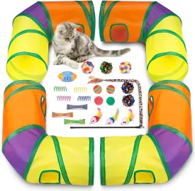 Retro Shaw Cat Tunnel with Toys Set, Interactive Kitten Toy for Indoor Cats Kitty,Kitten Tube Tent Feather Wand Teaser Bell Fuzzy Ball Springs Mouse (25 Pcs Extra Large cat Tunnel Toys Set)