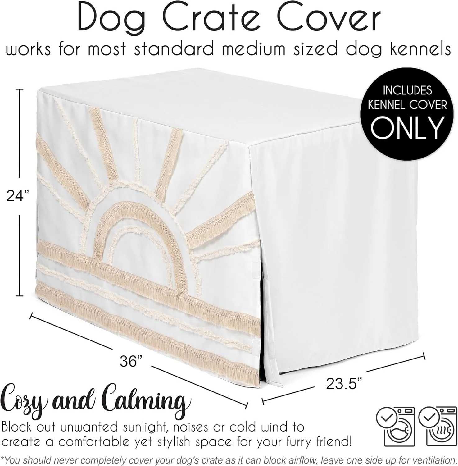 Sweet Jojo Designs 36in. Medium Dog Crate Cover (Boho Chic Sun) Pet Cage, Kennel Covers (Bohemian, Farmhouse, Southwestern, Elegant, Modern, Minimalist, Macrame, Tuft, Trim, Solid Ivory Cotton Fringe)