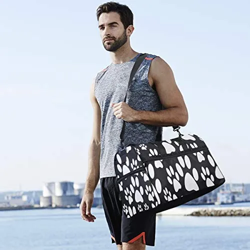 Travel Tote Luggage Weekender Duffle Bag, Black White Dog Paw Print Large Canvas shoulder bag