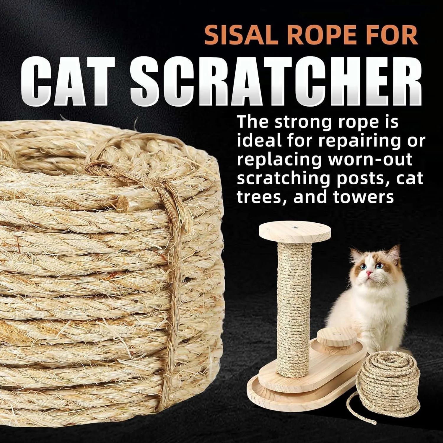 Twisted Sisal Rope 1/4" x 100ft - All Natural Chemical Free, Cat Tree Rope Twine for Scratching Post Repair, Replacement, and Crafts Gardening Home Decorating