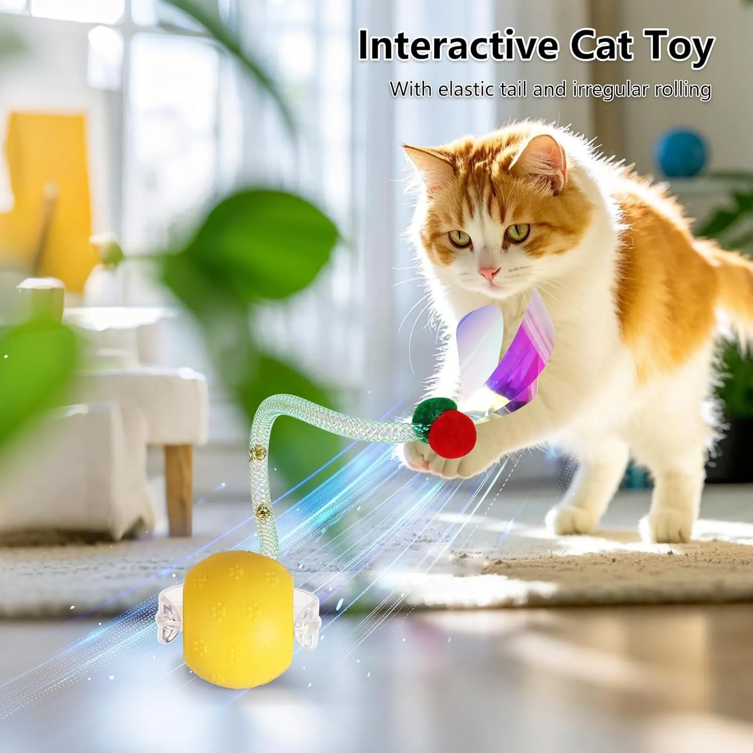 Upgraded Interactive Cat Toy, cat Toys for Indoor Cats, Automatic Kitten Ball with Mesh Elastic Tail, Moving Cat Toy for Bored Indoor Adult Cats, Motion Activated