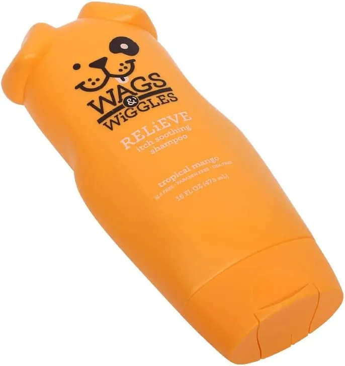 Wags & Wiggles Relieve Anti-Itch Dog Shampoo | Shampoo for All Dogs with Dry, Itchy, or Sensitive Skin | Fresh and Fruity Mango Scent Your Dog Will Love, 16 Ounces