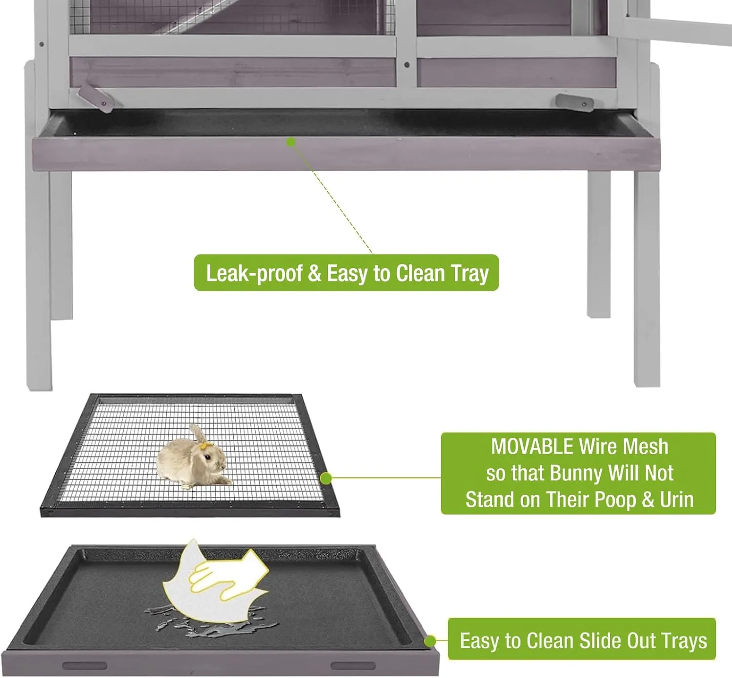 Wooden Guinea Pig Cages Indoor,Two-Story Wooden Rabbit Cage Hutch with Removable Stand and Pull Out Tray, Small Animals Cage Habitat with Ramp and Wire Mesh(Grey&Purple)