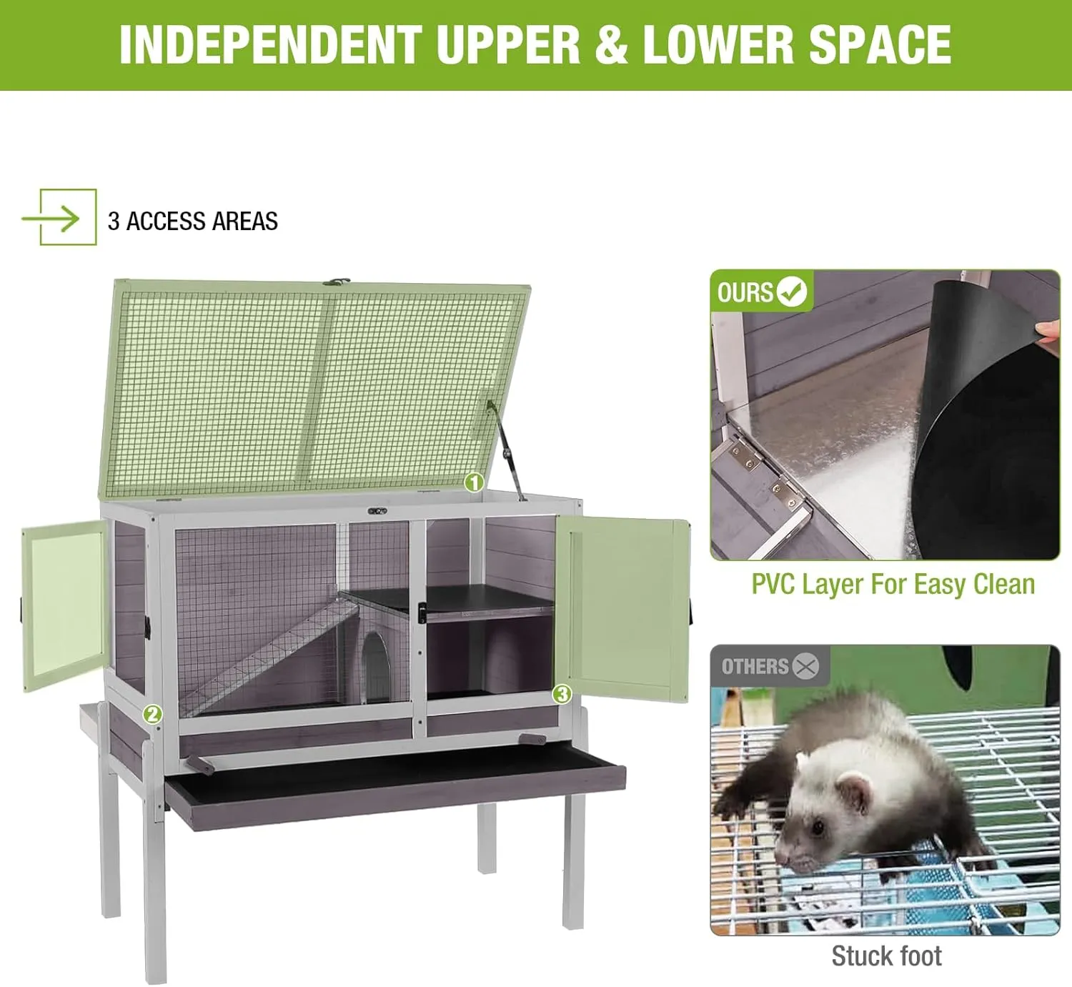 Wooden Guinea Pig Cages Indoor,Two-Story Wooden Rabbit Cage Hutch with Removable Stand and Pull Out Tray, Small Animals Cage Habitat with Ramp and Wire Mesh(Grey&Purple)