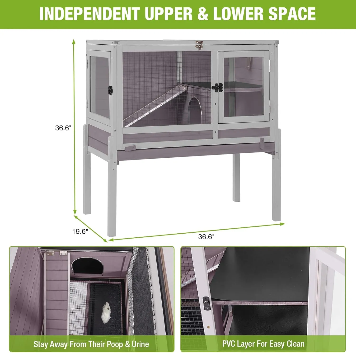 Wooden Guinea Pig Cages Indoor,Two-Story Wooden Rabbit Cage Hutch with Removable Stand and Pull Out Tray, Small Animals Cage Habitat with Ramp and Wire Mesh(Grey&Purple)